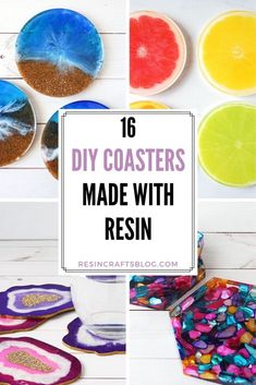 diy coasters made with resinon and other crafting supplies are featured in this collage