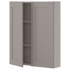 a gray cabinet with two doors and shelves on one side, the door is open