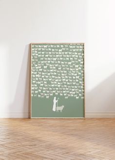 a green poster with white writing on it in an empty room