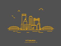 the pittsburgh skyline in yellow on a gray background