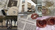 a collage of photos with various items in them and the words chanel on it