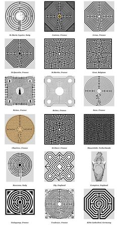 several different types of mazes are shown in black and white, each with an intricate design