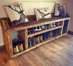 a wooden bench with some shoes on it