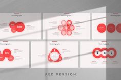 red and white presentation templates with circles on the front, side, and back