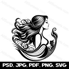 the silhouette of a mermaid with long hair is shown in black on a white background