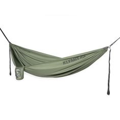 a green hammock hanging from the side with two black straps and an empty cup