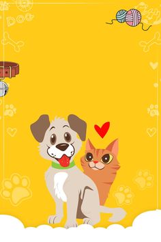 two dogs and a cat on a yellow background with hearts in the sky above them