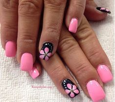 Wednesday Nails, Pink And Black Nails, Nails With Flowers, Pink Nail Art, Night Photo, Black Nail Designs, Party Nails, Black Nail