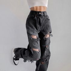 Ripped Baggy Jeans, Ripped Jeans Women, Distressed Pants, Streetwear Korean, Womens Ripped Jeans, Hip Hop Pants, Streetwear Jeans, Streetwear Mode, Jean Large