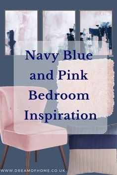 the navy blue and pink bedroom inspiration is featured in this postcard for dreamhome