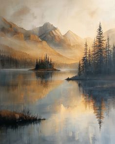 an oil painting of a lake with trees and mountains in the background