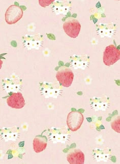 a pink wallpaper with strawberrys and cats on the top one has green leaves