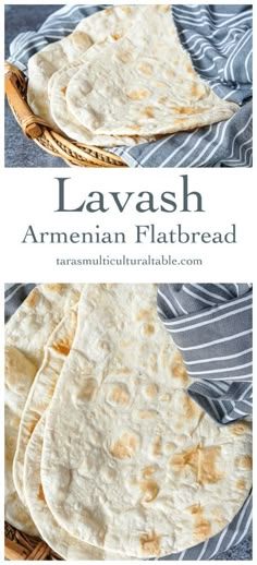 three flatbreads sitting on top of a blue and white cloth next to each other