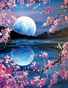 an acrylic painting of a full moon and cherry blossom tree with water reflection