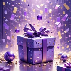 a purple gift box surrounded by confetti and streamers on a shiny surface