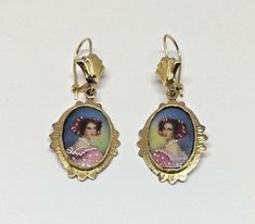 Vintage Hand Painted Miniature Oval Portrait 14k YG Dangle French Wire EarringsMetal: 14k yellow gold (stamped)Weight: 3.2 gramsHallmarked: S14KBLength/Width: 35mm long x 14.50mm wide (at widest point)Shepard style hook closureOne earring is a left portrait, the other one is a right portrait of Auguste Strobl (1807-1871)Hand painted portrait with glass over the topThis is an estate piece in excellent condition, it is in it's original worn state and can be re-polished upon request.  Please see pi Oval Portrait, French Wire Earrings, Earrings Metal, Initial Ring, French Wire, Wire Earrings, Earrings Photo, Beautiful Gift Boxes, Gold Beads