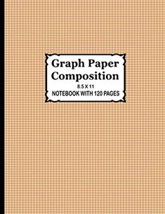 the graph paper composition notebook with 120 pages is shown in black and white, on an orange background