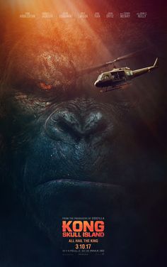 the kong movie poster with an image of a gorilla and a helicopter flying over it