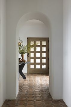 an entry way with a potted plant on the table