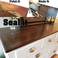 two pictures showing different types of furniture and the same color paint it used to coat them