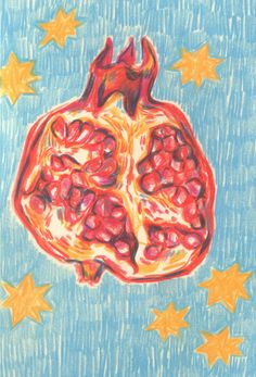 a drawing of a pomegranate on a blue background with stars around it