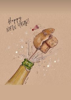 a happy new year card with a bottle and a mouse on it's side