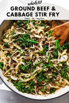 a skillet filled with ground beef and cabbage stir fry