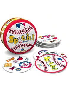 four baseball coasters with different designs on them