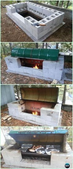 an outdoor fire pit made out of cinder blocks and concrete blocks, with the top section being