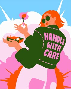 a woman in sunglasses holding a flower and an object with the words handle with care written on it