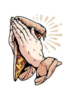 two hands holding a piece of pizza with one hand on it's face and the other