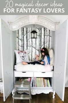 From whimsical fairy-tale accents to bold, otherworldly design concepts. This post is all about the best fantasy decor ideas. | Fantasy decor home | fantasy home decor | fantasy room decor | fantasy interior design | Childrens Reading Corner, Narnia Wardrobe, Armoire Makeover, Thrifted Home Decor, Diy Wardrobe, Small Bedrooms, Closet Makeover, Reading Nooks, Farmhouse Furniture