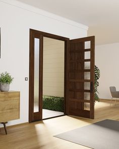 an open door in a living room with potted plants