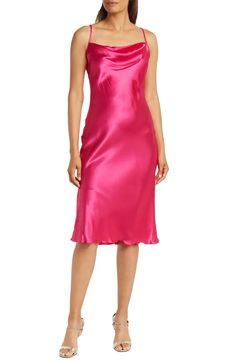 bebe Satin Cowl Neck Midi Dress | Nordstromrack Chic Satin Cowl Neck Dress For Party, Chic Satin Dress With Cowl Neck For Party, Cowl Neck Satin Finish Dress For Night Out, Satin Finish Cowl Neck Dress For Night Out, Cowl Neck Satin Dress For Parties, Satin Cowl Back Dress For Date Night, Pink Satin Midi Dress For Dinner, Fitted Silk Satin Dress With Cowl Back, Satin Finish Midi Dress For Date Night