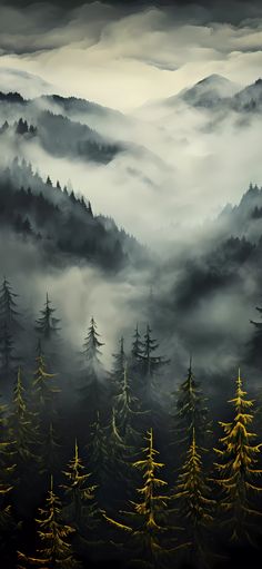 a painting of trees and fog in the mountains