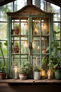 an old window is filled with potted plants and candles