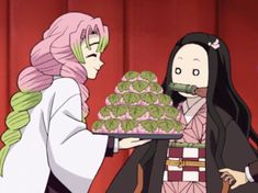 two anime characters one holding a cake and the other looking at another person with long hair