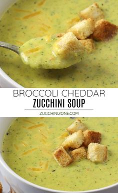 broccoli cheddar zucchini soup in a white bowl with croutons