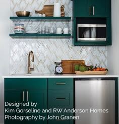 a kitchen with green cabinets and white tile backsplashing, stainless steel dishwasher