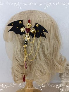 This price is for a hairclip only. Lolita Accessories:Hairclip Creepy Cute Fashion, Headpiece Accessories, Fancy Bows, Diy Clothes Design, Bat Wing, Vintage Gothic, Chain Design, Gold Pattern, Red Stone