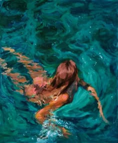 a painting of a woman swimming in the ocean