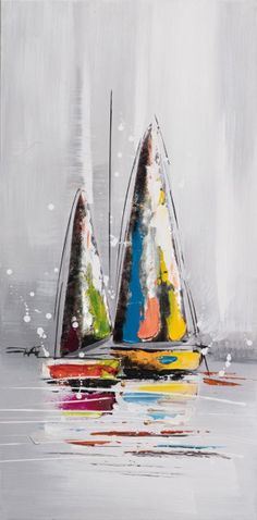 two colorful sailboats in the water on a rainy day by an abstractist painting