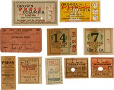 an assortment of old concert tickets from the early 20th century, including one for virginia m columbia