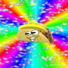 a cartoon character wearing a sombrero in front of a rainbow background