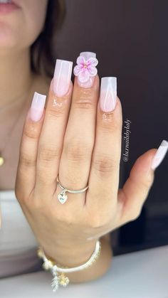 Fall Flower Nails Acrylic, 3d Flower Nails Short Square, Medium Short Nail Designs, Hibiscus Flower Nails With French Tips, Simple Nails With Charms, French Tip Nails With Flower Design, 3 D Flower Nails, Acrylic Flowers On Nails, Easy Spring Nail Designs