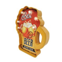 a beer bottle shaped light up sign with lights on the top and bottom, that reads best beer