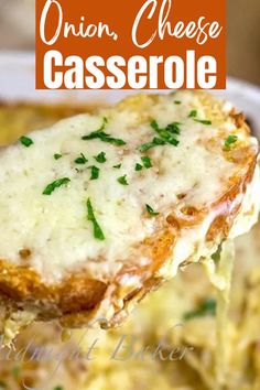 a piece of cheese casserole is being lifted from a white dish with parsley on top