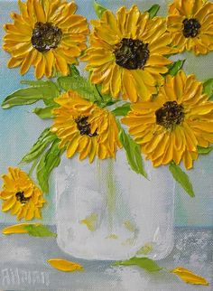 a painting of yellow sunflowers in a white vase