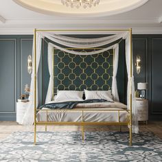 a bedroom with a canopy bed and blue walls