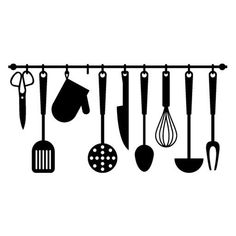 kitchen utensils hanging on the wall and cooking utensils in silhouettes